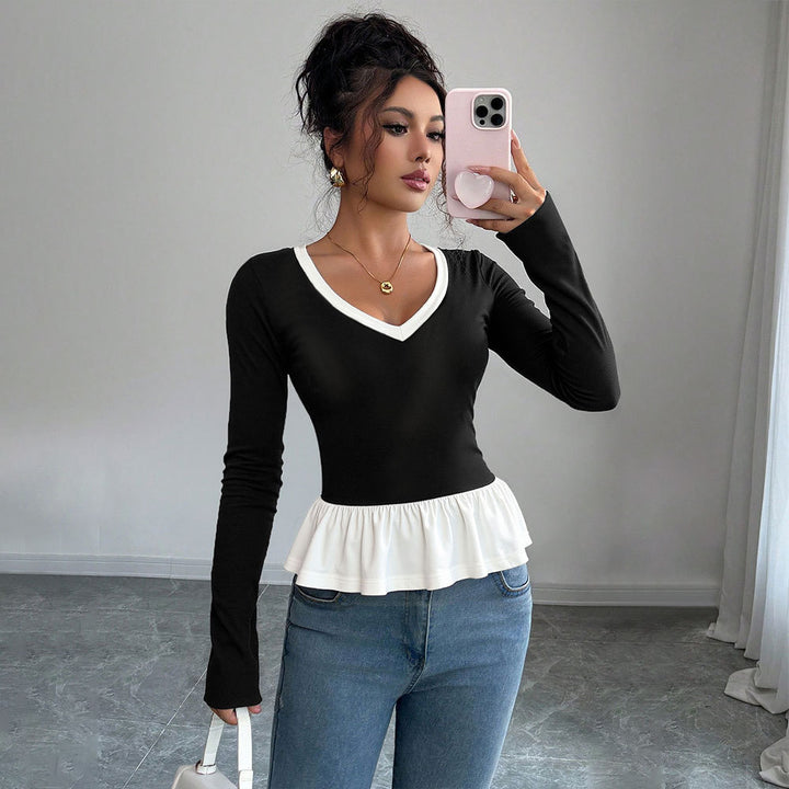 Damen Langarmshirt mit Rüschensaum und tiefem V-Ausschnitt Drune