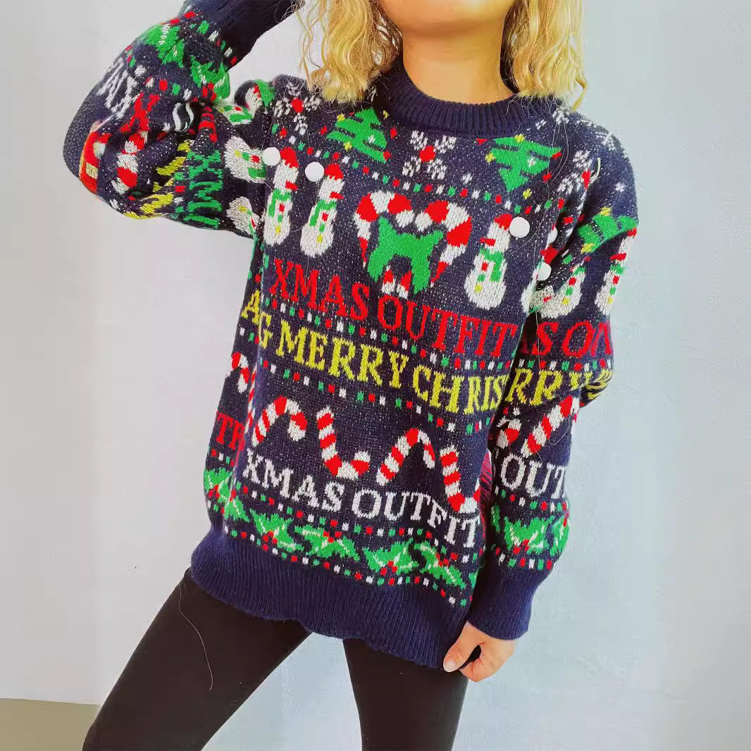 Damen weihnachtlicher Pullover mit bunten Motiven und lustigen Applikationen Drune