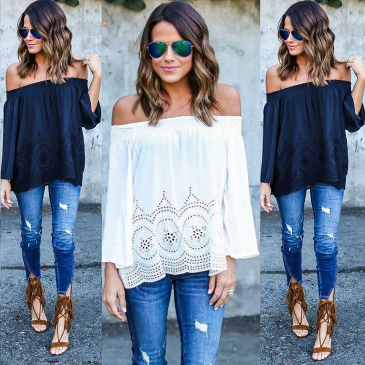 Damen Off-Shoulder Bluse mit voluminösen Ärmeln und filigranem Häkelmuster Drune