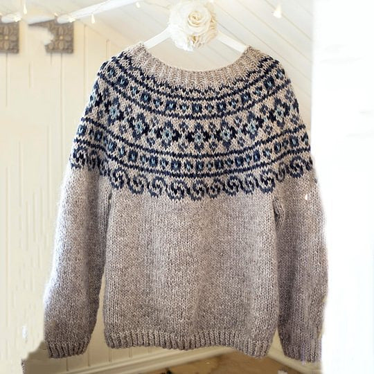 Damen nan melierter Rundhalsausschnittpullover mit kreisförmigem Jacquard-Yoke und geripptem Saum Drune