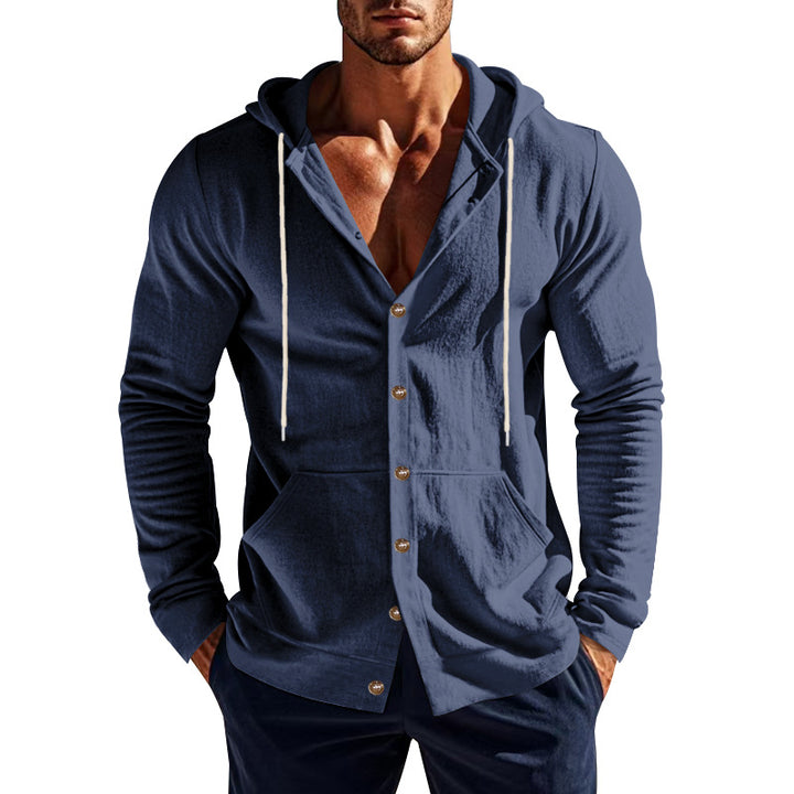 Herren nan sportive Kapuzenjacke mit Knopfverschluss, Kängurutasche und figurbetonter Passform Drune