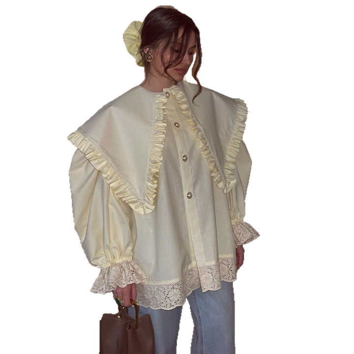 Damen Oversize Bluse mit Rüschendetails und Spitzenbesatz Drune