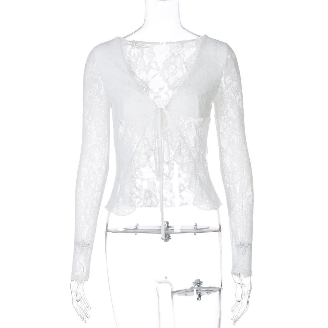 Damen Spitzen-Cropped-Bluse mit Schleifenverschluss Drune