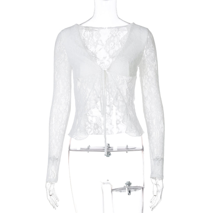 Damen Spitzen-Cropped-Bluse mit Schleifenverschluss Drune