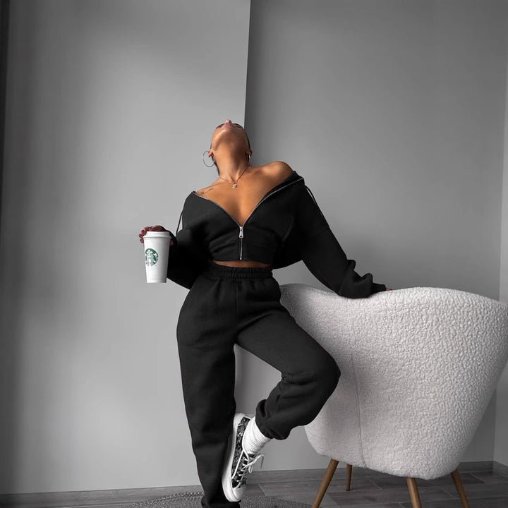 Damen lässiges Fleece-Loungewear-Set mit cropped Jacke und elastischer Hose Drune