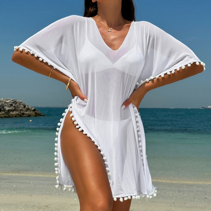 Damen Strandkleid mit dekorativem Pompon-Besatz und elegantem V-Ausschnitt Drune