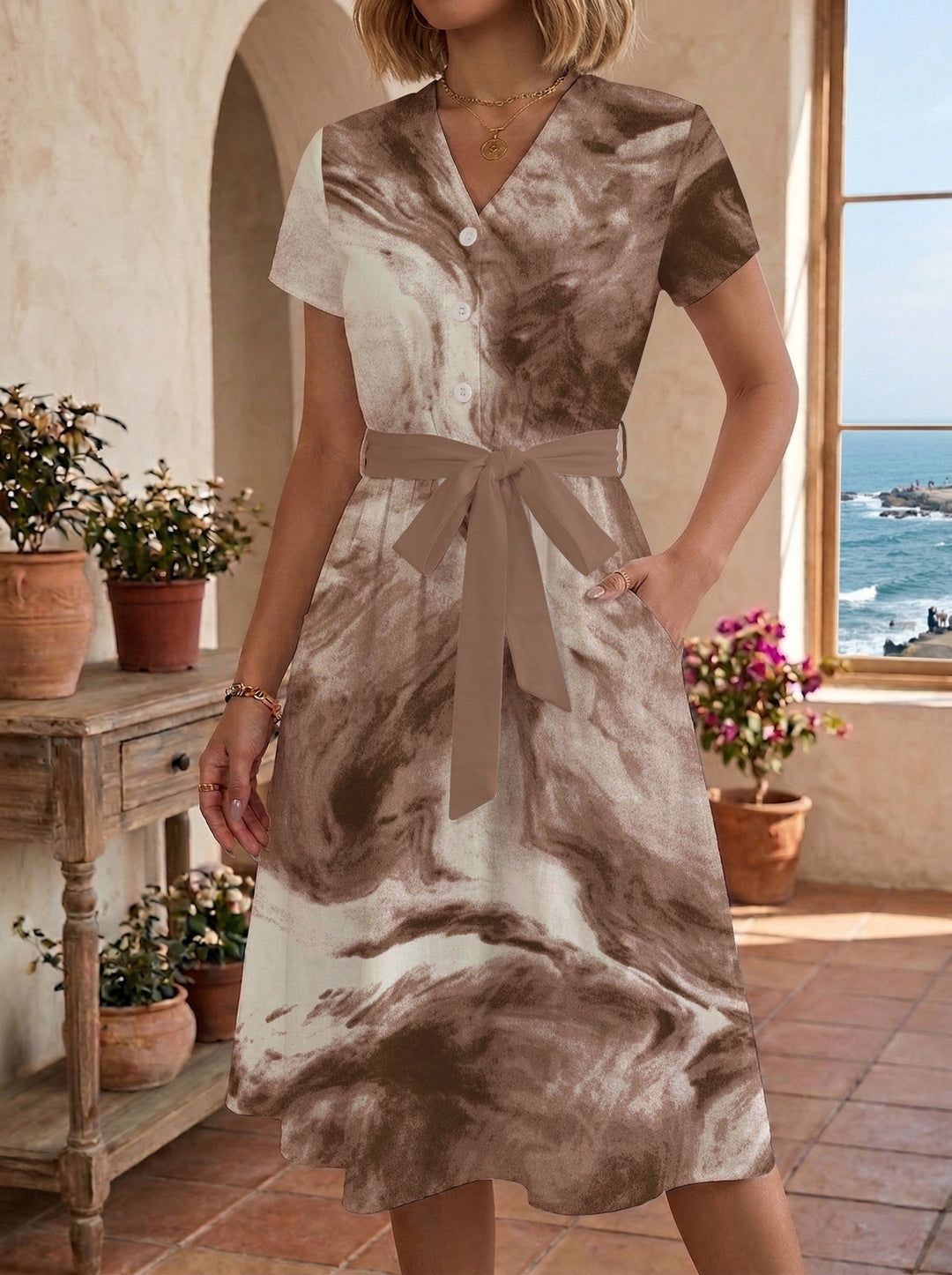 Damen Blühendes Midikleid mit taillierbarem Gürtel und kunstvollem Print Drune