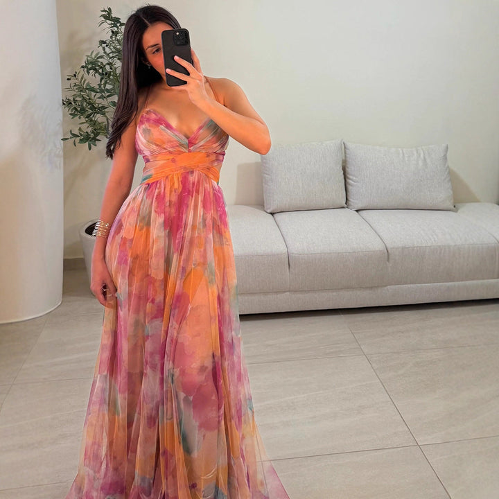 Damen Maxikleid mit floralem Chiffon-Design und eleganter Taillierung Drune