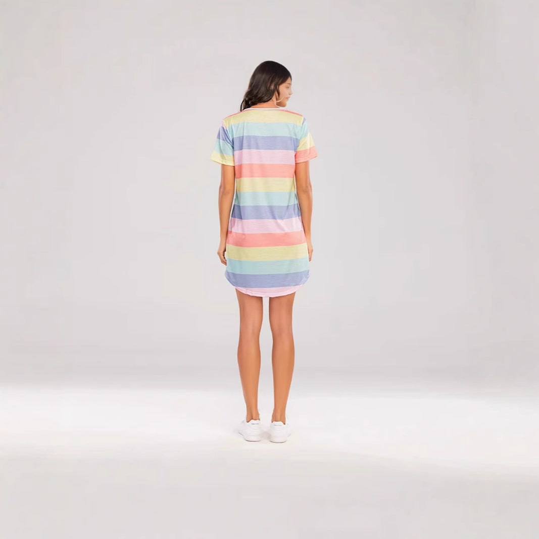 Damen Kurzarm Kleid mit auffälligem Streifenmuster und bequemem Schnitt Drune