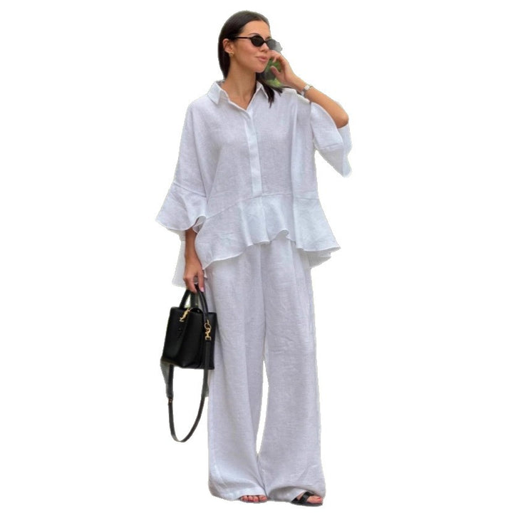 Damen Leinenbluse mit voluminösen Ärmeln und weiten Hosen Drune
