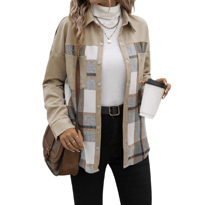 Damen karierte oversized Hemdjacke mit praktischen Taschen und dekorativen Druckknöpfen Drune