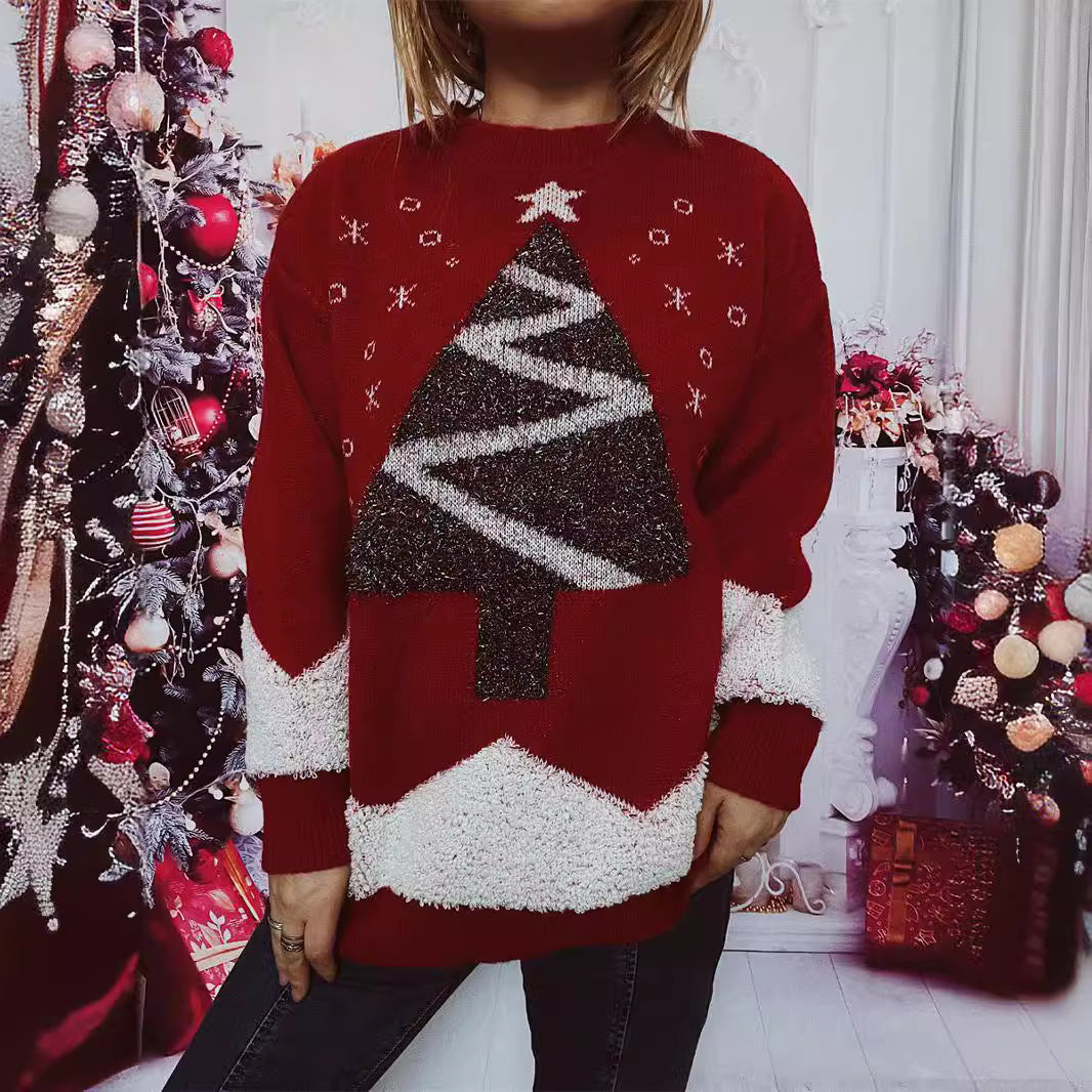 Damen Weihnachts-Pullover mit glitzerndem Baum-Motiv und kuscheliger Struktur Drune
