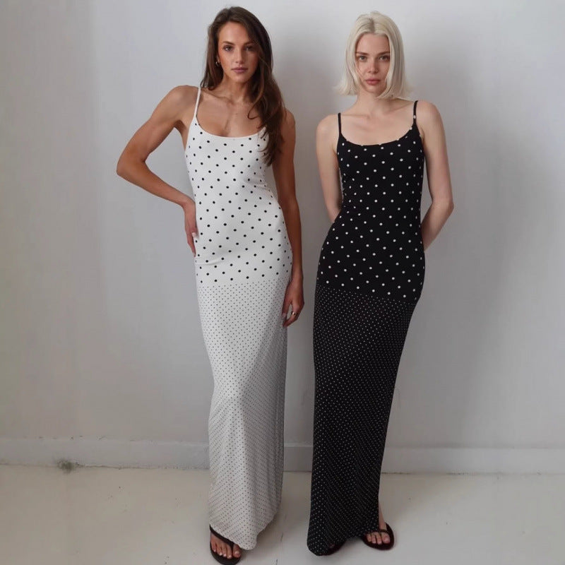 Damen Elegantes Polka-Dot Maxikleid mit verstellbaren Trägern und fließendem Schnitt Drune