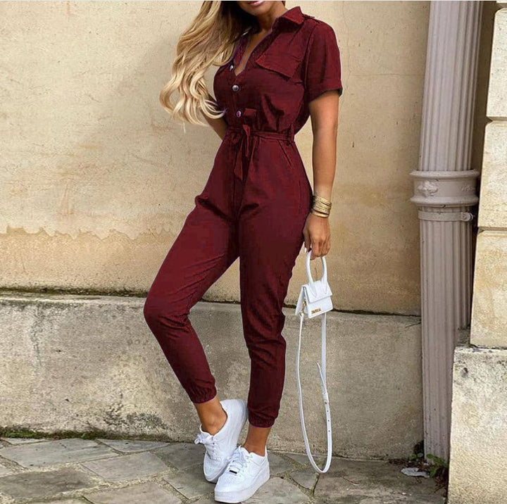 Damen Praktischer Overall mit elegantem Kragen und Taillengürtel Drune