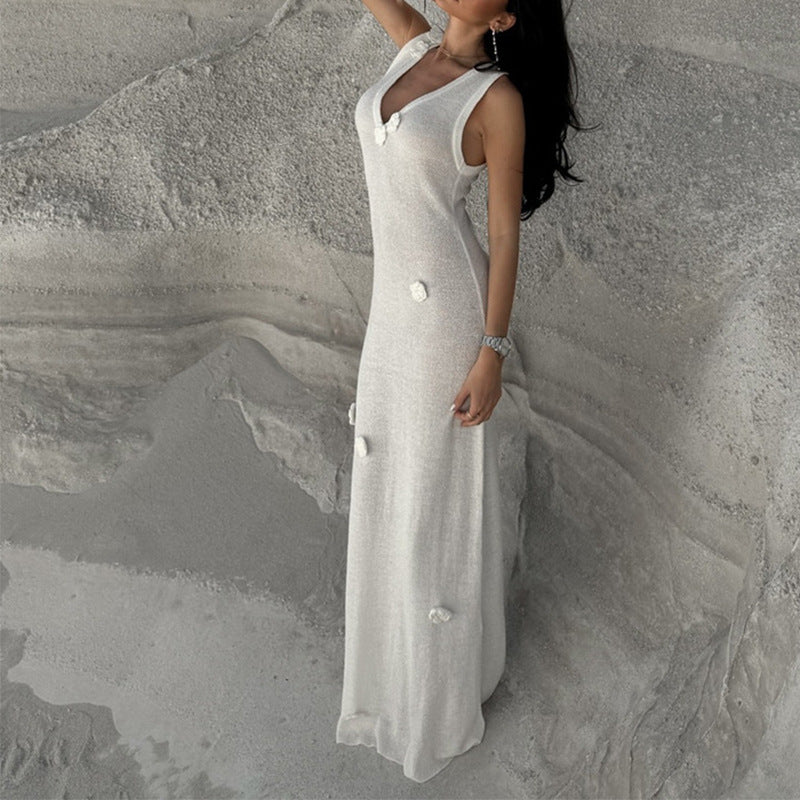 Damen Maxi-Strickkleid mit raffinierten Blumenapplikationen Drune