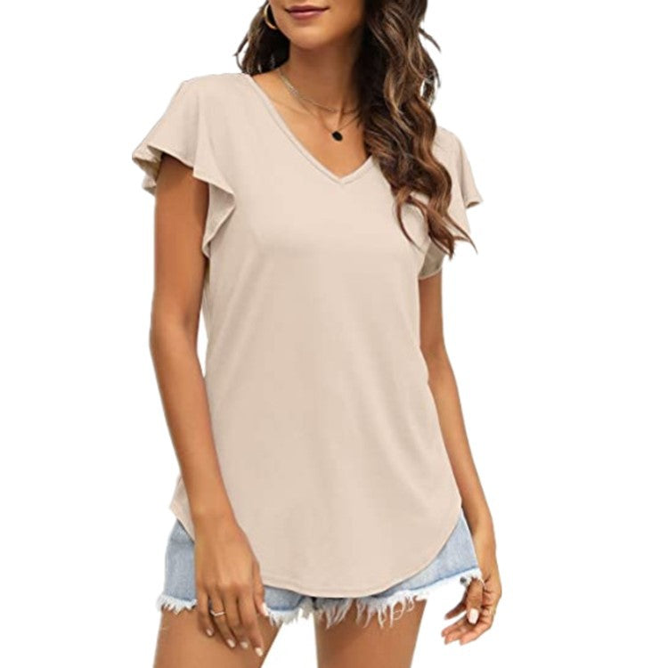 Damen V-Ausschnitt T-Shirt mit Rüschenärmeln und lässigem Schnitt Drune