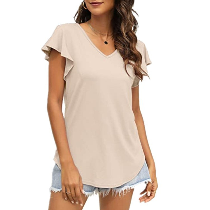 Damen V-Ausschnitt T-Shirt mit Rüschenärmeln und lässigem Schnitt Drune