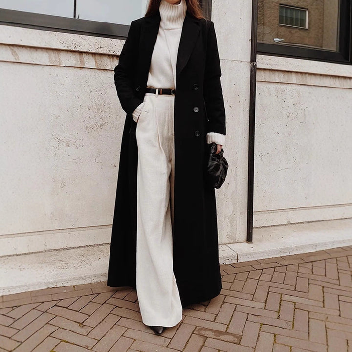 Damen Eleganter Wollmantel mit doppelter Knopfleiste und tiefen Taschen Drune