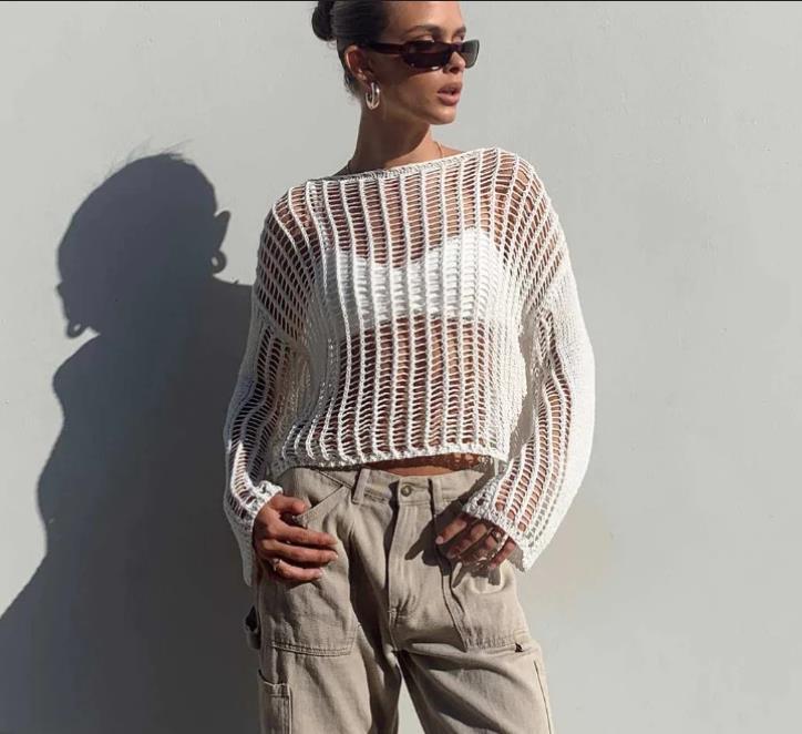 Damen luftiges Cropped Strickoberteil mit weit geschnittenen Ärmeln Drune