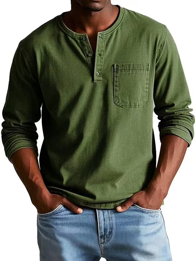 Drune | Langarm T-Shirt Slim Fit Atmungsaktives Material Knopfausschnitt Und Brusttasche