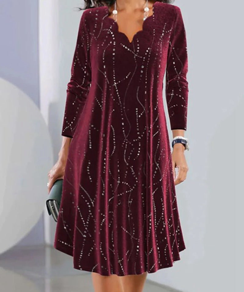 Damen nan Samt-A-Linienkleid mit geschwungenem Ausschnitt langen Ärmeln und Strassverzierung Drune