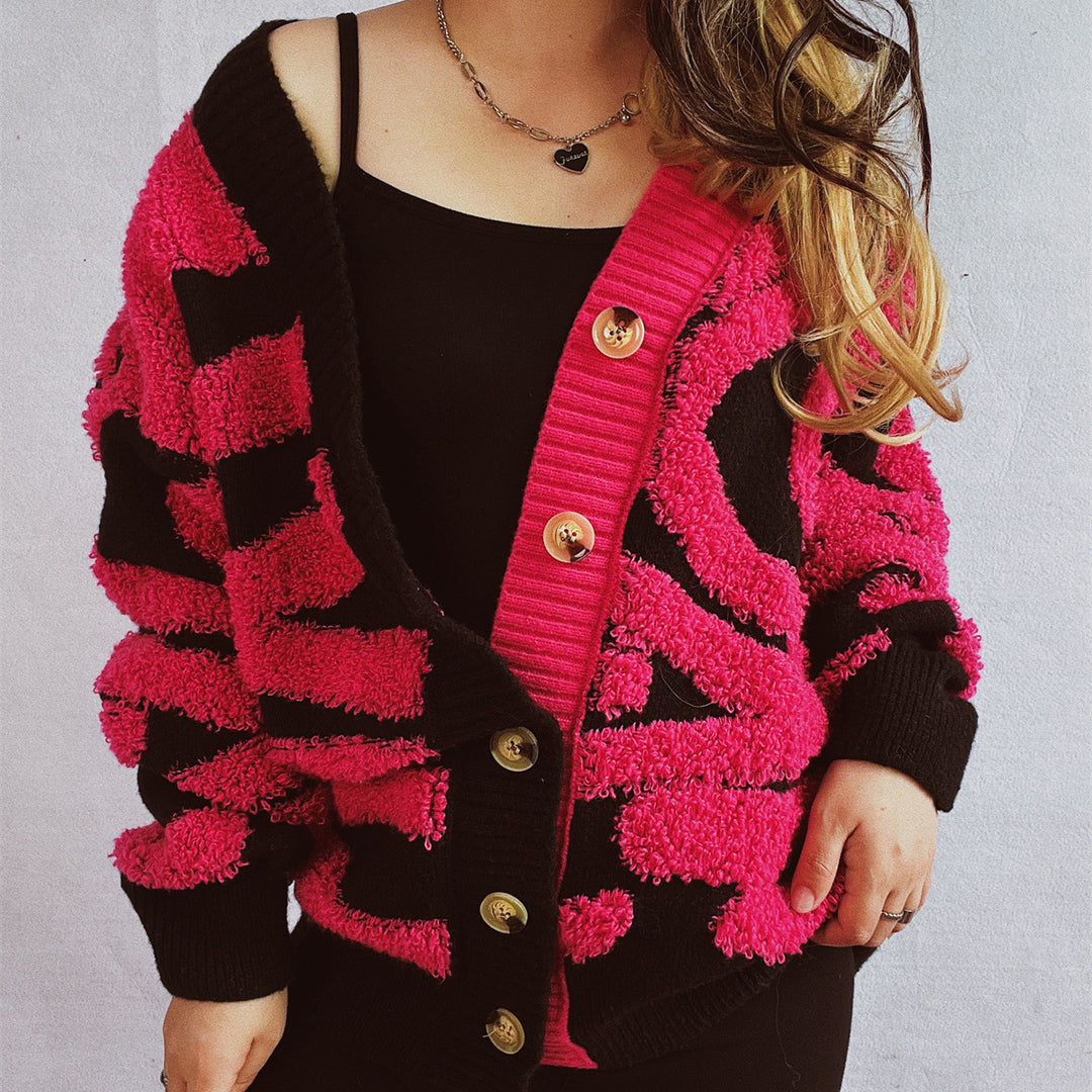 Damen modische Strickjacke mit grafischem Muster und luxuriösen Knöpfen Drune