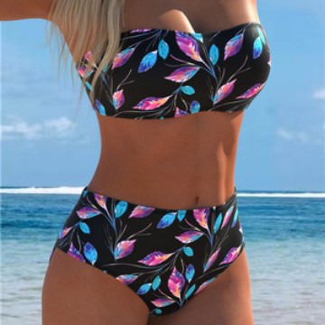 Damen Bandeau-Bikini mit hohem Taillenschnitt und kontrastierendem Blumendesign Drune