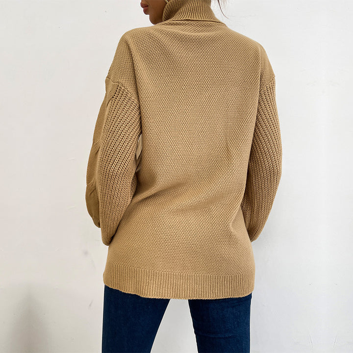 Damen modischer Pullover im groben Strickdesign mit hohen Kragen Drune