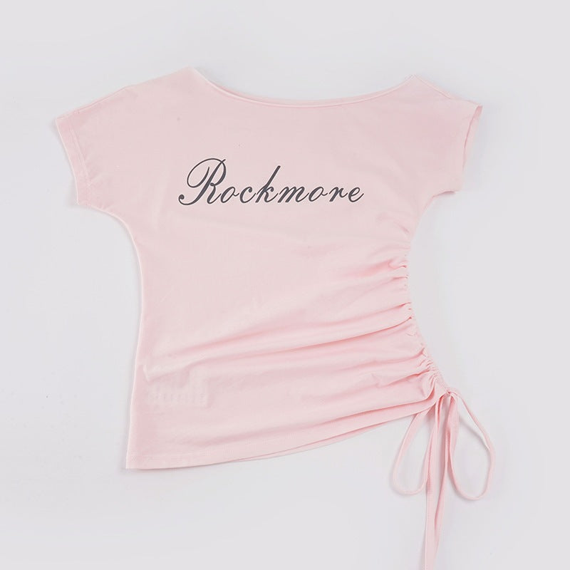 Damen Off-Shoulder T-Shirt mit Raffungen und modischem Schriftzug Drune