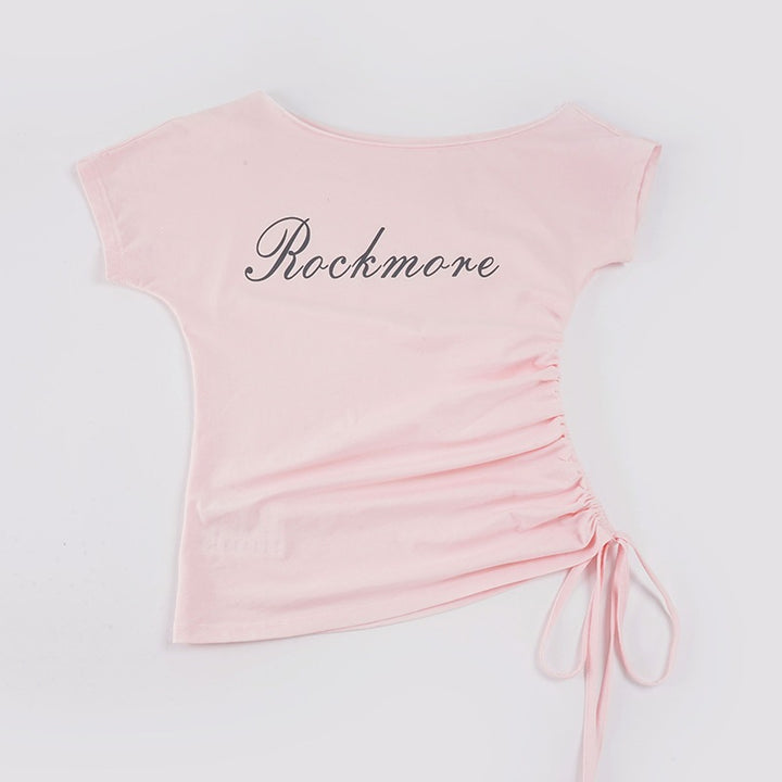 Damen Off-Shoulder T-Shirt mit Raffungen und modischem Schriftzug Drune