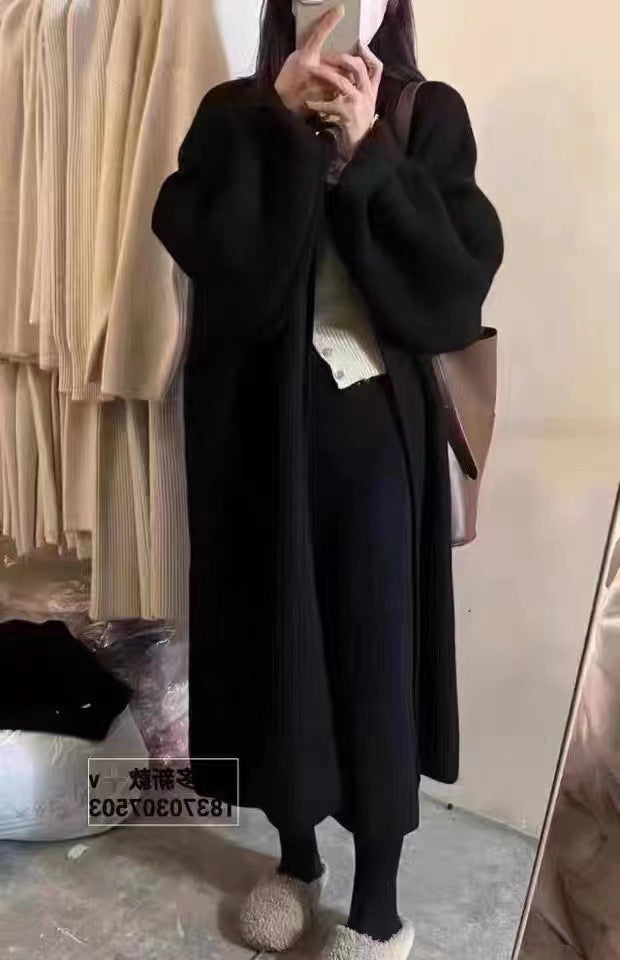 Drune | Strickjacke Mantel Übergröße Passform Wollstrick Offene Vorderseite Knöchellänge