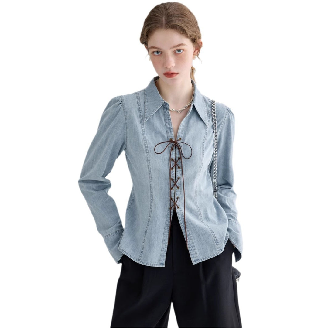 Damen Jeansbluse mit verspielten Schnürdetails und elegantem Schnitt Drune