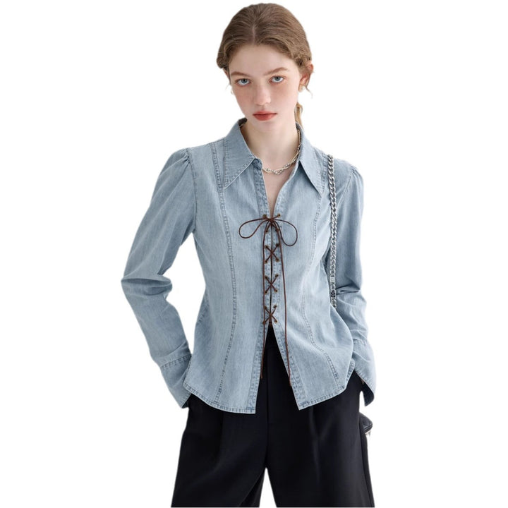 Damen Jeansbluse mit verspielten Schnürdetails und elegantem Schnitt Drune