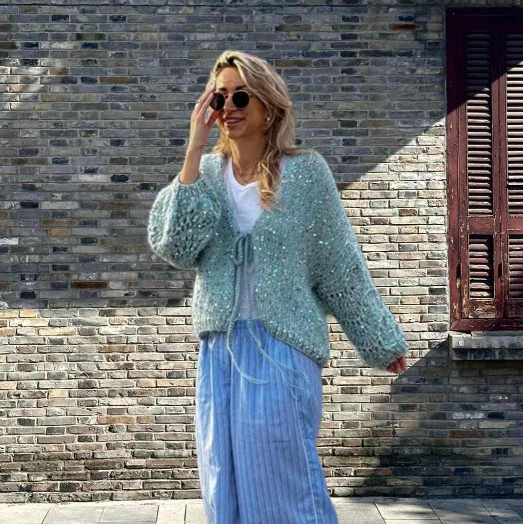 Damen Grobstrickjacke mit festlichem Knotendetail und weit geschnittenen Ärmeln Drune