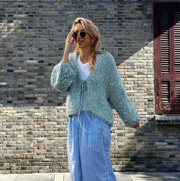 Damen Grobstrickjacke mit festlichem Knotendetail und weit geschnittenen Ärmeln Drune