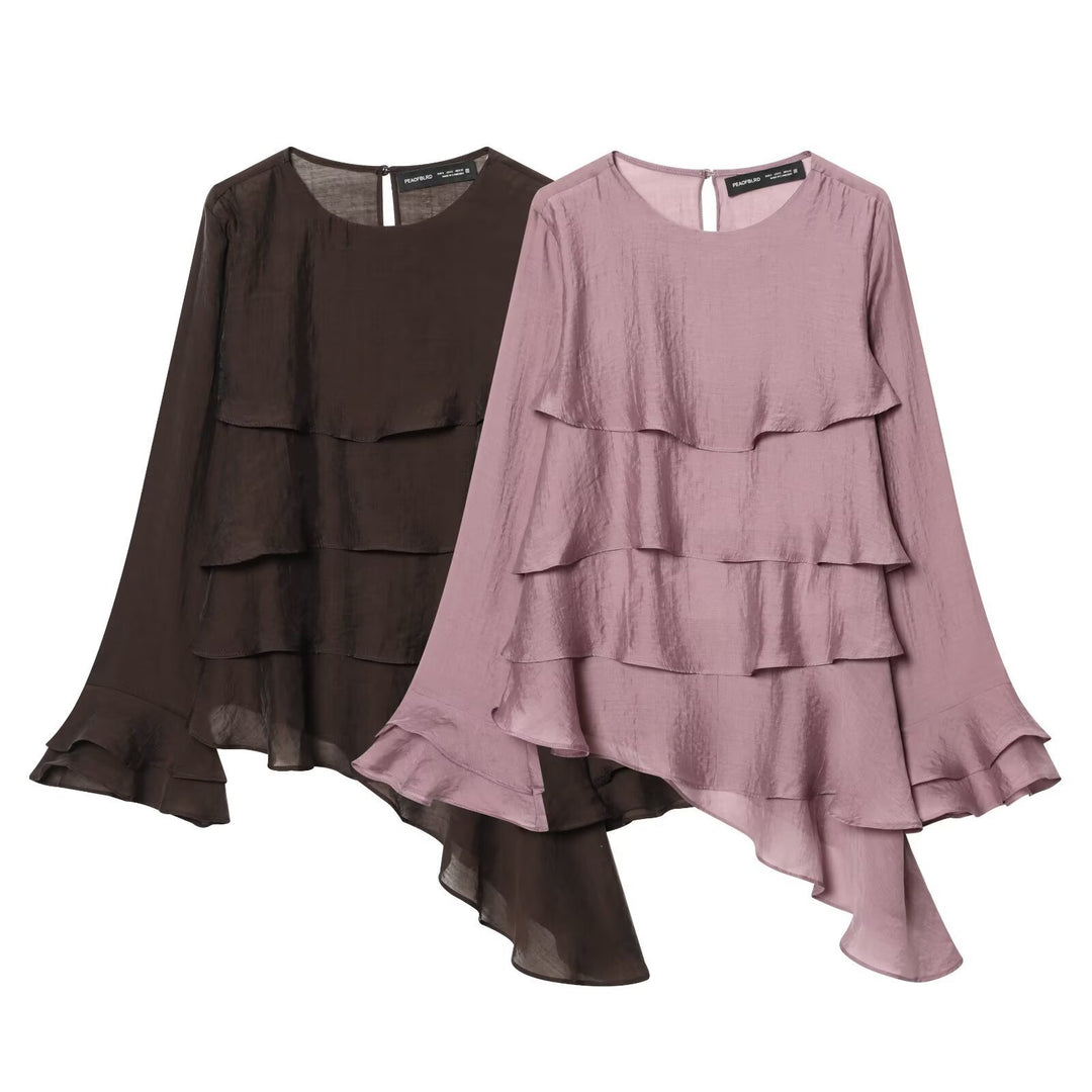 Damen asymmetrische Bluse mit Rüschendetails und elegantem Fall Drune