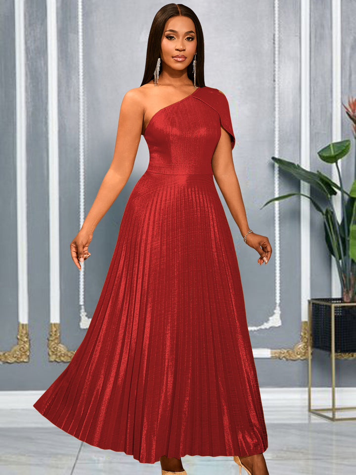Damen Elegantes Maxi-Kleid mit asymmetrischem Schulterdesign und schimmerndem Plisseestoff Drune