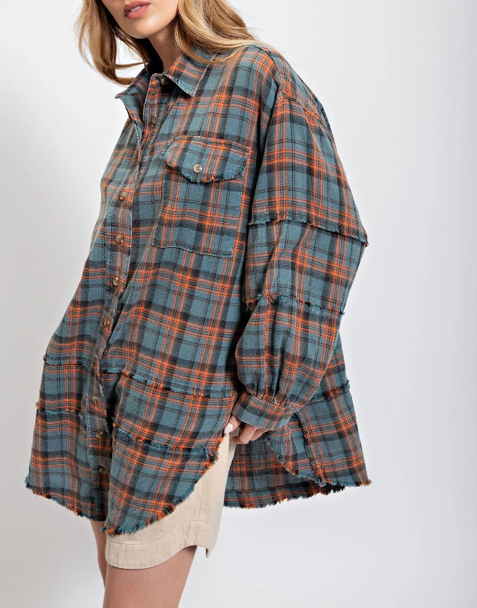 Damen lässige Oversized-Hemdjacke mit Karomuster Drune