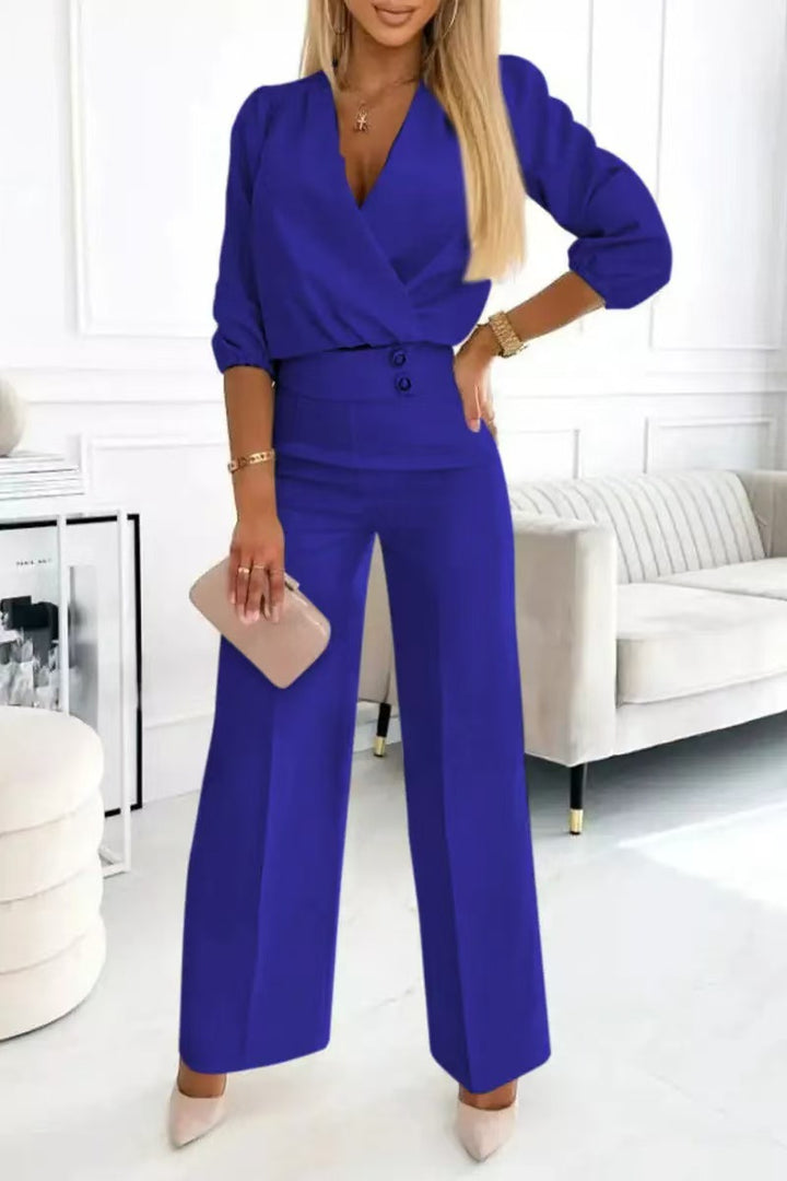 Damen eleganter Jumpsuit mit Wickeloberteil und hochtaillierten Beinen Drune