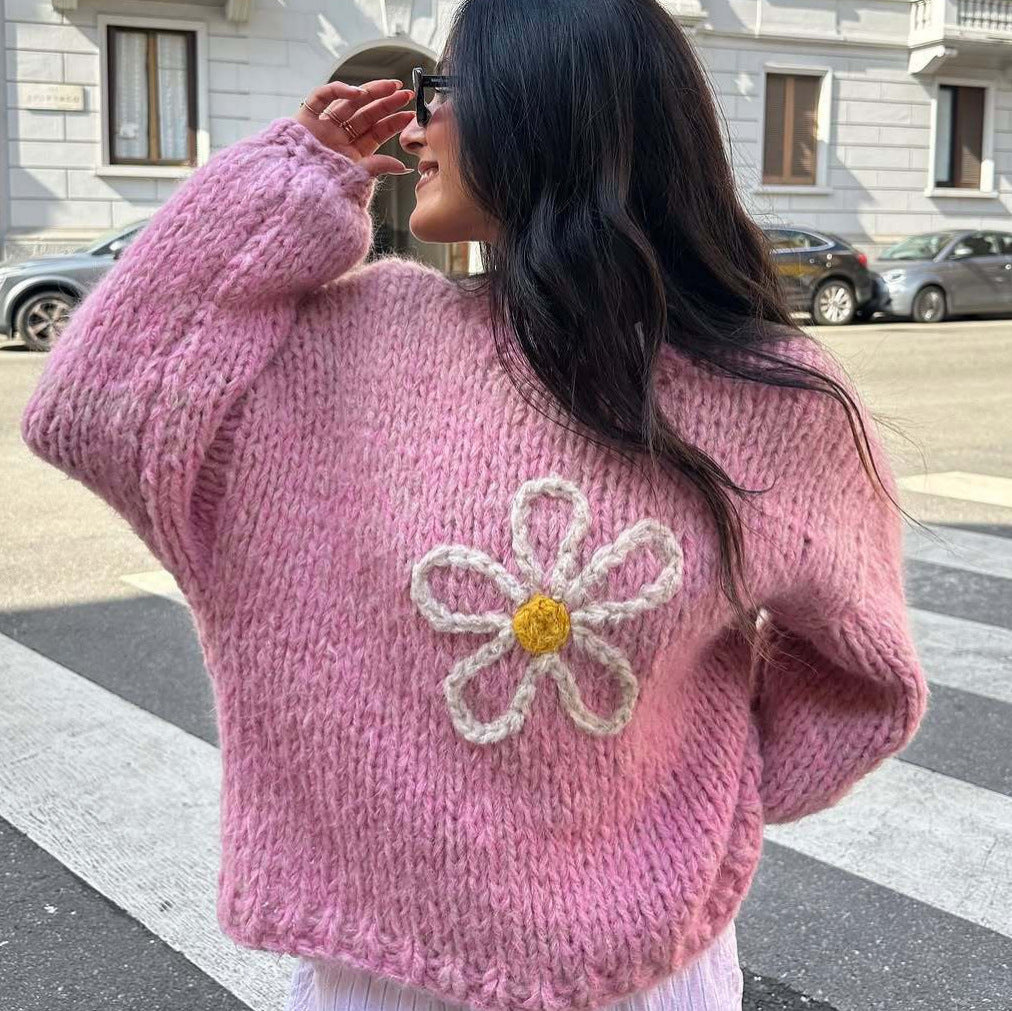 Damen lässiger Strickpullover mit floralem Motiv und oversized Schnitt Drune