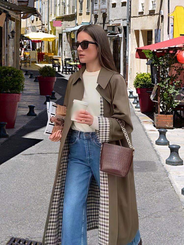 Damen Elegante Trenchcoat mit karierter Innenausstattung und weitgehendem Schnitt Drune