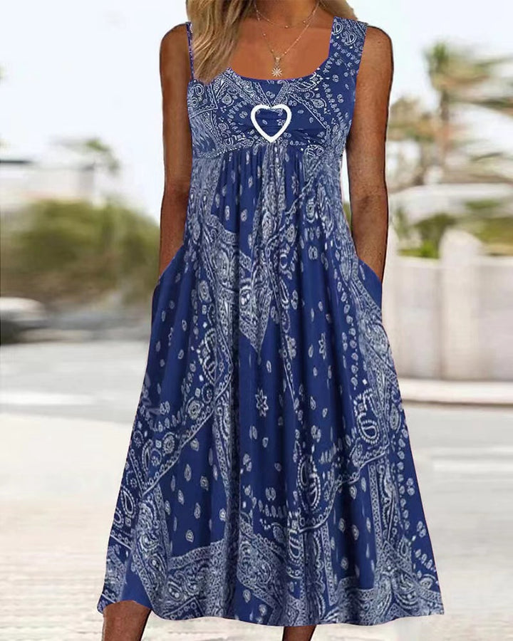 Damen nan luftiges Maxi-Kleid mit Paisley-Bandana-Print, geraffter Empire-Taille und praktischen Seitentaschen Drune