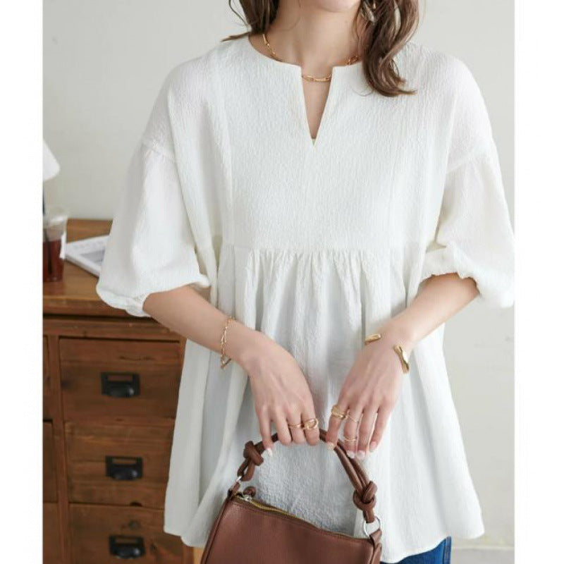 Damen Bluse mit ausgestellten Ärmeln und V-Ausschnitt Drune