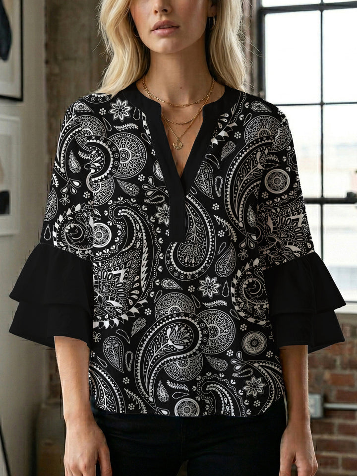 Damen Bluse mit voluminösen Flügelärmel und intensivem Blattmuster Drune