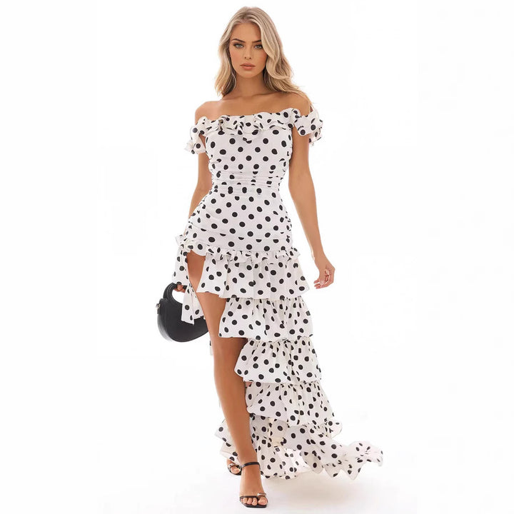Damen Off-Shoulder Maxikleid mit Rüschen und aufregendem Schlitz Drune