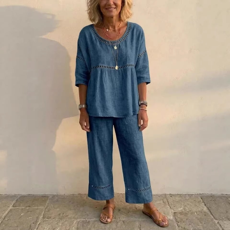 Damen Kompletter Loungewear-Anzug aus Leinen mit luftiger Passform und Spitzenakzenten Drune