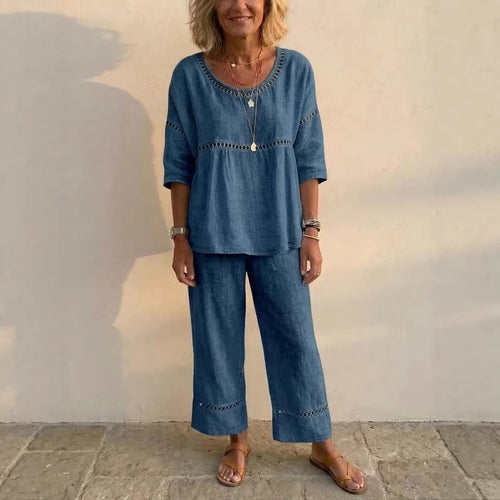 Damen Kompletter Loungewear-Anzug aus Leinen mit luftiger Passform und Spitzenakzenten Drune