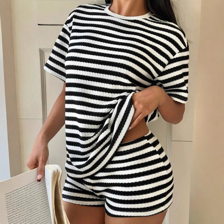 Damen lässiges gestreiftes T-Shirt mit hochwertiger Struktur Drune