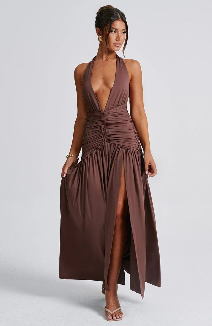 Damen Maxikleid mit tiefem V-Ausschnitt und Rüschen Drune