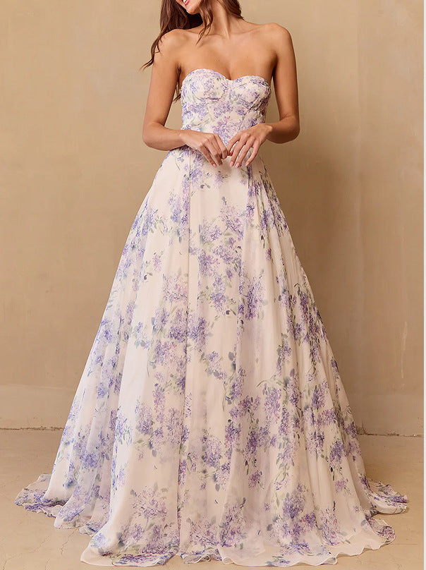 Damen Hochzeitskleid mit Sweetheart-Ausschnitt und floralem Chiffon-Design Drune